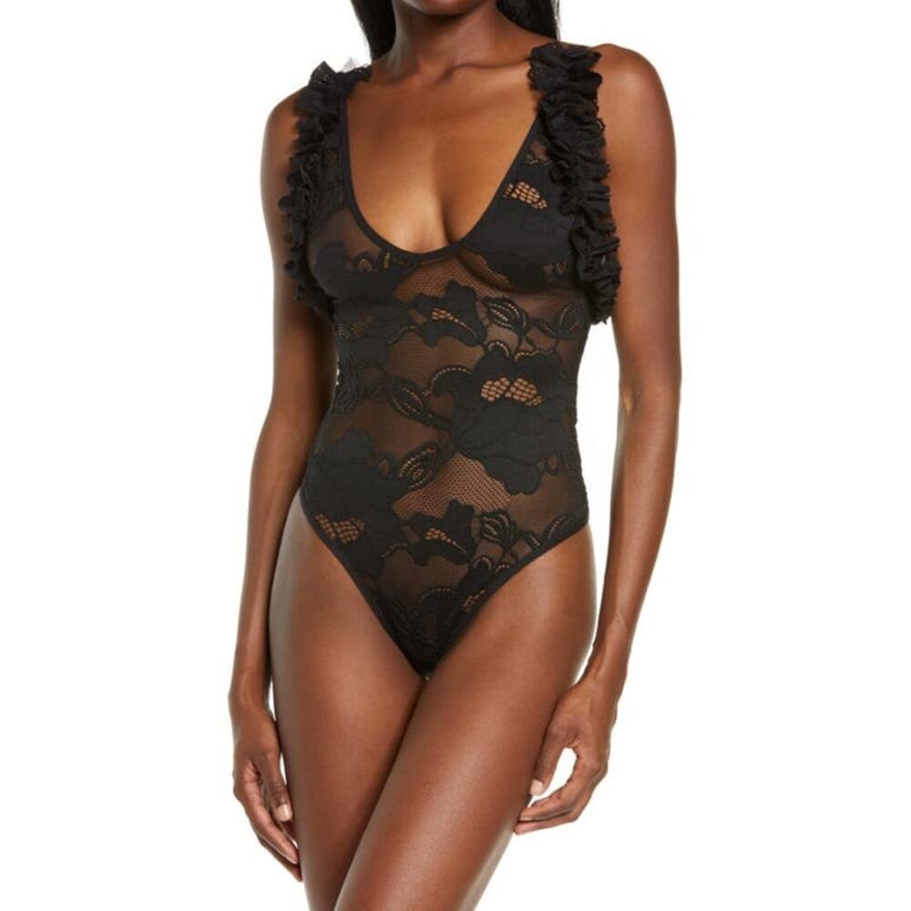 Suzy Women Floral Lace Bodysuit Medium Black Scoop Neck Ruffle Trim Sheer NWOT